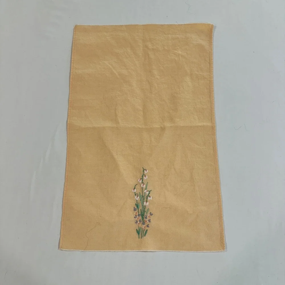 Vintage Hand Embroidered Tea Towel Apricot Floral | Cottagecore